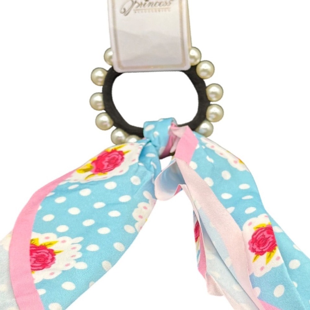 Princess Accessories Pearl Beaded Hair Tie Scarf Blue Floral Polka Dot NWT